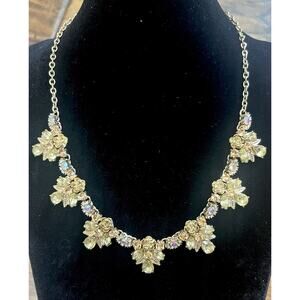 Vintage Floral Rhinestone Choker Necklace -Gold Tone W/Aurora Borealis Accents